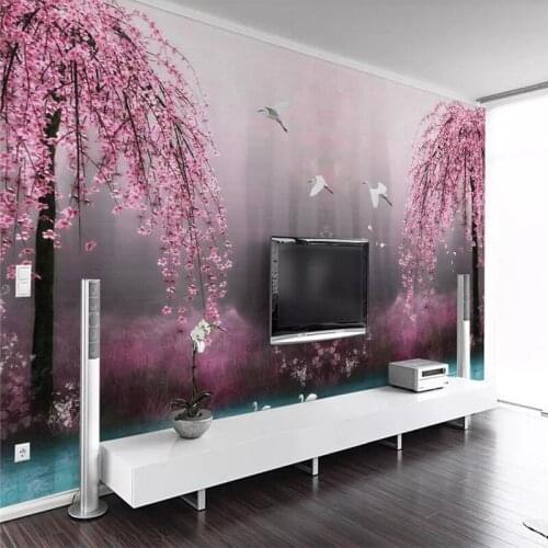 Pink Sakura Swan Lake Landscape TV Background Wall Professional Production Mural Wholesale Wallpaper Mural Poster Photo Wall