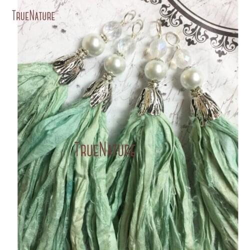 Handmade Art Soft Seafoam Green Sari Silk Tassel Boho Pendant Antique Silver Flower Petal Bead Cap Long Pendant PM14474