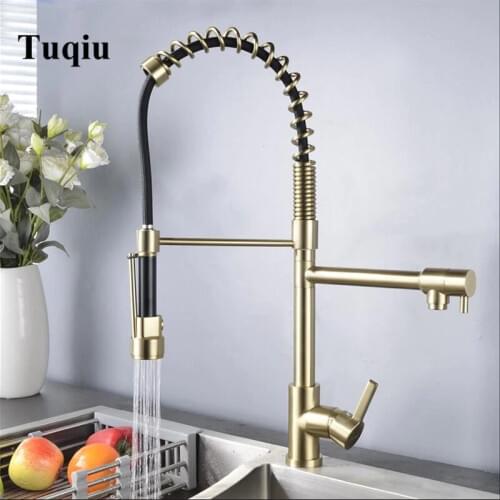 Pull Down Kitchen Faucet Brush gold Sink Mixer Tap 360 degree rotation spring American style kitchen mixer taps brass