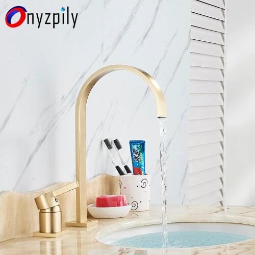 Brushed Golden Basin Bathroom Faucet 2 Holes 360 Rotating Hot&Cold Water Mixer Elegant Widespread Deck Mounted Bathtub Crane