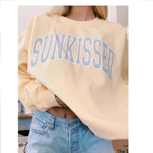 2XL Harajuku Sweatshirt Women Men Beige Letter Print O Neck Loose Shirts Top Casual Long Mouths Herfst Sweatshirt Moletom 2021