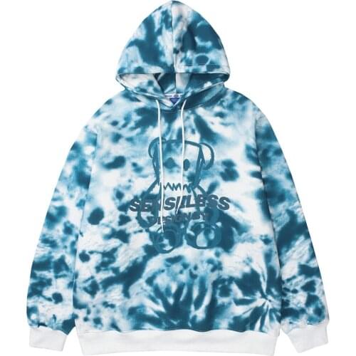 Hoodie Men Tie Dye Cute Bear Letter Print Fleece Hooded Sweatshirt High Street Fashion Hipster Couple Casual Streetwear