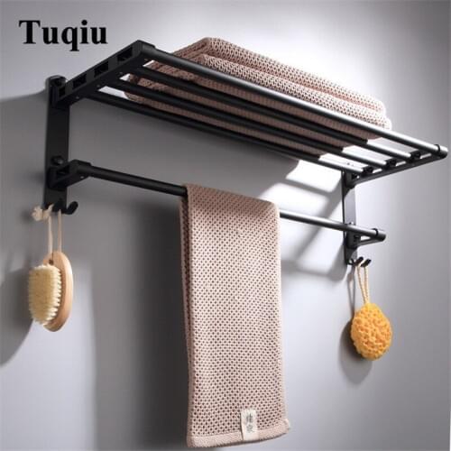 Vidric Bathroom Bath Towel Rack Aluminum Black Towel Holder Folding Wall Mounted 60CM Towel Rail Holder Toilet Bar