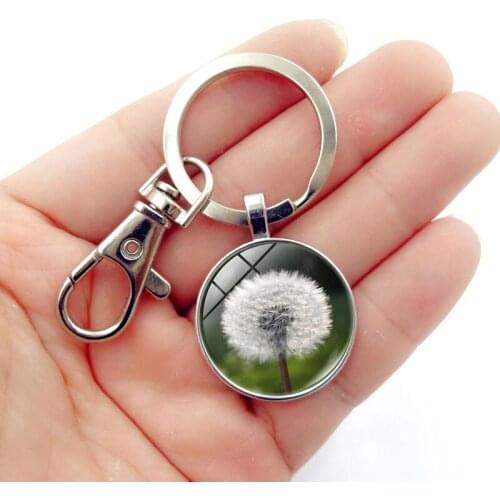 WG 1pc White Dandelion Pendant Keychain keyrings Vintage Time Gem&stone Keychain For Women Car Bags Jewelry Accessories