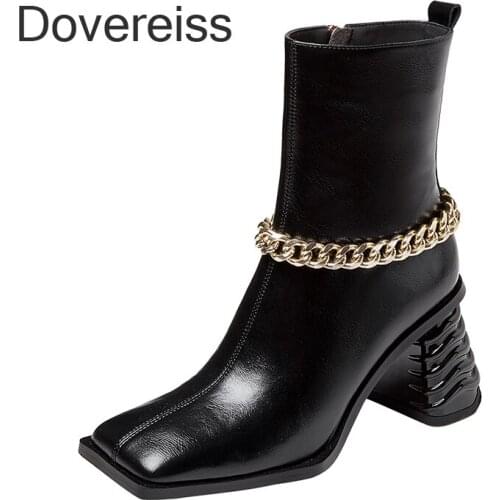 Dovereiss Fashion Womens Shoes Winter New Square Toe Elegant Back zipper Metal Chain Concise Ankle boots Mature 33 40