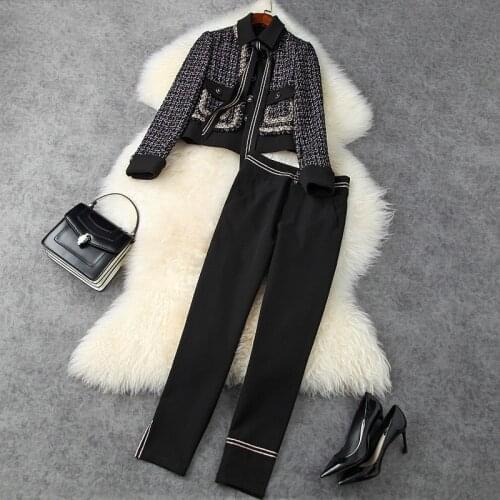2021 spring women plaid tweed jacket single breasted turn down collar outerwear high waist black pants elegant two piece set