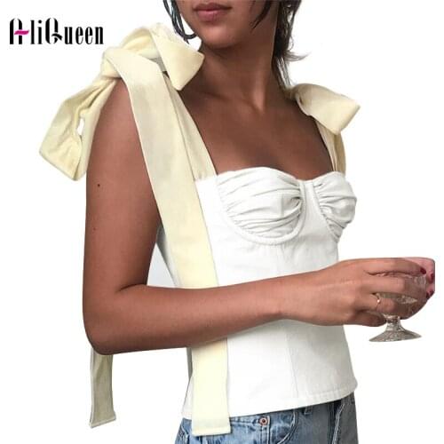 Korean 2021 Summer Bowknot Camis Women White Sexy Crop Tops Female Sleeveless Bandage Short Strap Vest Vintage Slim Black Tops
