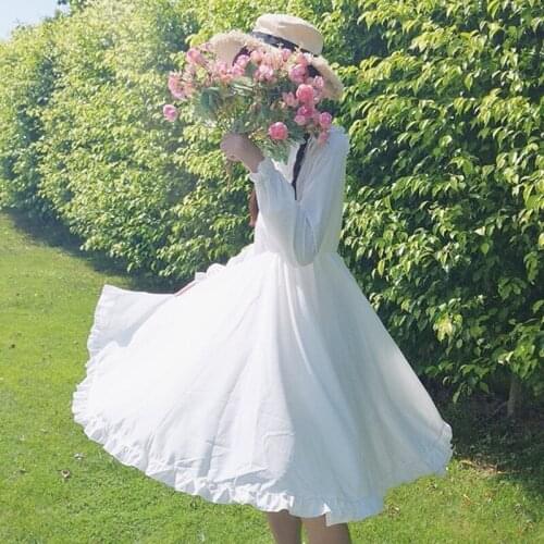 Women Girl Lolita Fairy Dress Peter Pan Ruffles Swing Midi Princess Elegant Ruffles Cute Kawaii Dress Flare Sleeve 914-A209