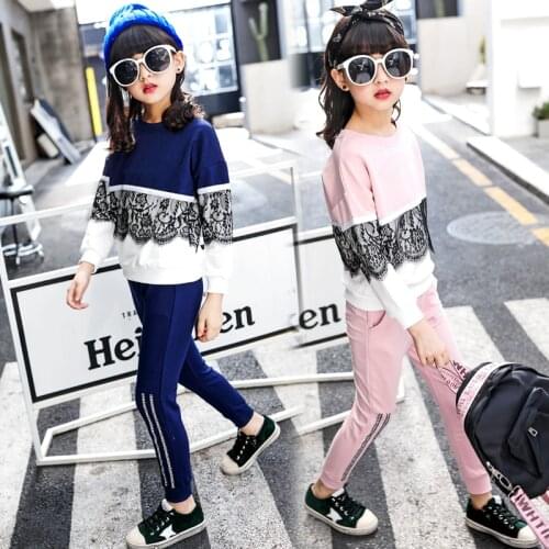 2020 Spring Fall Baby Kid Fashion Lace Spliced Clothing Set Children Sport Suit Little Girls Long-Sleeve Tops + Pants 2 Pcs X145