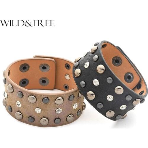 2017 New Wide PU Leather Bracelets&Bangles For Women Punk Rock Gothic Rhinestone Black Brown Cuff Bracelets for Female Lover