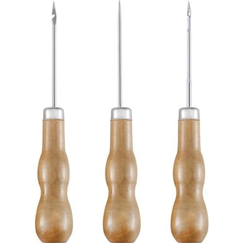 3Pcs Wooden Handle Awls DIY Shoe Repair Hook Tool Stitching Awl For Leather Craft Stitching Sewing Leather Craft Awl Tool