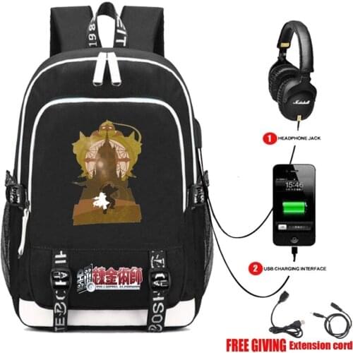 Anime USB Charging Headphone jack Teenagers boy student Schoolbag Unisex Laptop Travelbag Fullmetal Alchemist backpack 16 style