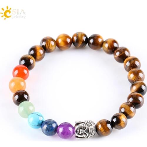 CSJA 8mm Natural Round Stone Tiger Eye Beads Buddha Bracelets 7 Chakra Healing Mala Meditation Prayer Yoga Women Jewellery E329