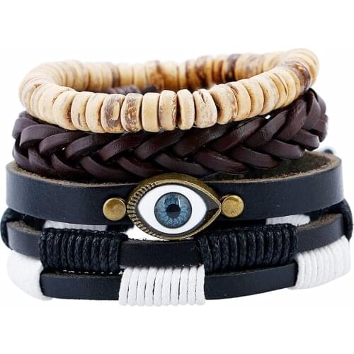 H-grade DIY 4 Pcs/set Vintage Punk Beads Eye Charm Men Genuine Leather Bracelets For Women Homme Femme Jewelry Accessories