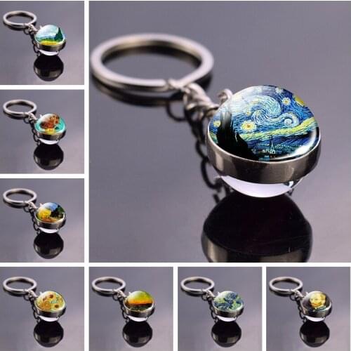 Van Gogh Oil Painting Starry Night Glass Ball Key Chain Key Rings Van Gogh Sunflowers Irises Almond Jewelry Art Keychain Keyfob