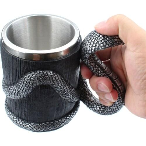 Creative Cobra Handle Simulation Wooden Beer Mug Stainless Steel Resin Large Double-Layer Drinking Water Cup Drinkware