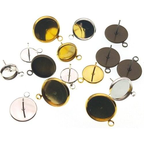 20pc Gold Silver Round Stud Earring Bezel Post Earrings with Loop Hang Earring Blank Cameo Base Glass Cabochons Settings