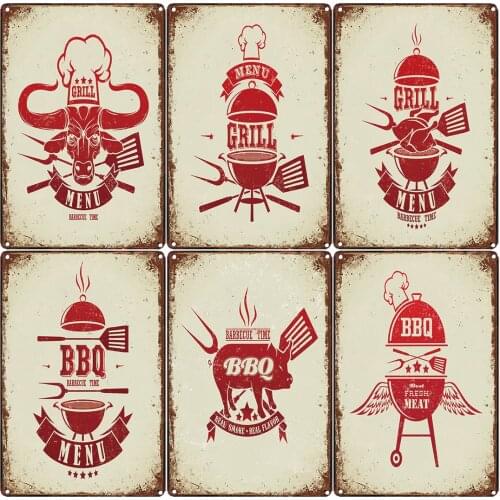 GRILL BBQ Iron Painting Garage Bar Cafe Metal Tin Signs Rods Pin Up Wall Plate Stickers Plaques Posters Home Gym Vintage Decor
