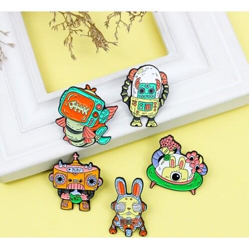 Fashion Creative Robot Bunny Spaceship Tape Head Visible Prawn Shape Brooch Trend Backpack Badge All-match Clothing Accessories