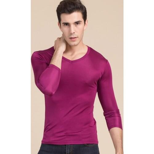 2019 New Spring Summer Men basic T shirt 100%Natural Silk Solid shirt Long Sleeve top Mens silk top White Navy Grey