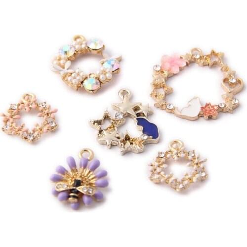New Floral Jewelry Charms 10pcs/Lot Gold Tone Plated Crystal Rhinestone Flowers Metal Earring Necklace Pendants