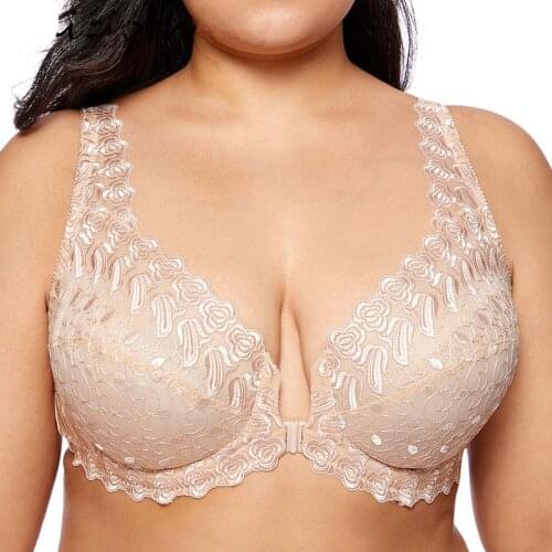 Wholesales Plus Size Womens Front Closeure Underwire Support Embroidery Lace Unlined Bra For Big Breast Female 40 42 44 48 DD E