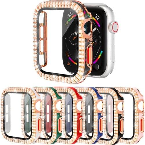 Full Protective Case iWatch 6D Dazzling Carving PC Double Row Diamond For Apple Watch 6 5 4 3 2 38/40MM Film For Iwatch 44/42MM