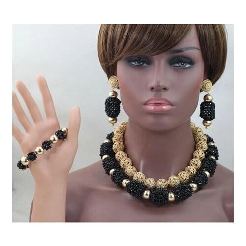 Luxury 2 Layers Handmade Beaded Black and Gold Bib Necklace Set Dubai Gold Accessory African Beads Jewelry Set AJS010
