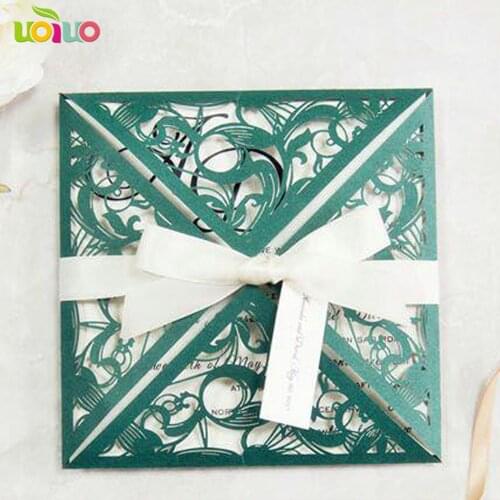 DIY customzied inc105 fold Laser Cut free logo four fold Wedding invitations Card,metallic printing card,tied bow,envelope seal