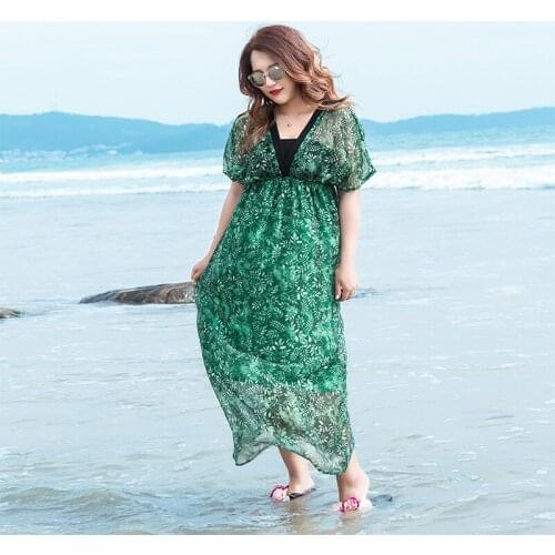 Leaves Print Summer Dress 4XL Plus Size Women Dresses Short Sleeve Deep V-neck Chiffon Long Beach Dress TA915