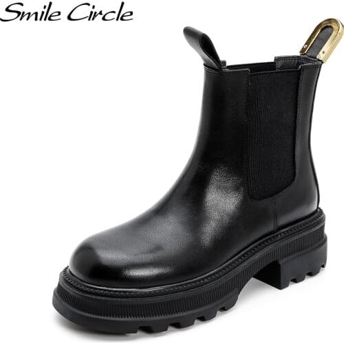 Smile Circle Slip On Platform Women Chelsea Boots Ankle Boots Cow Leather Fall Fashion Casual Round Toe Women Bootie