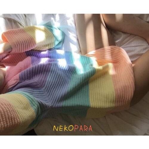Rainbow Color Womens Oversize Knitted Sweater Hooded Winter Long Sleeve Ice-cream Sweet Color