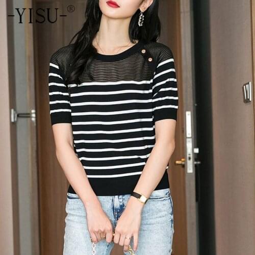 YISU Summer Stripe Women Sweater O-Neck Transparent Knitted pullove Short sleeve Summer tops Female Casual Loose Jumper