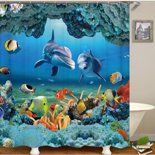 Sea Ocean Dolphin Animal Printed Shower Curtain with Hooks Cartoon Cute Marine Life Waterproof Polyester Fabric Bathroom Curtain