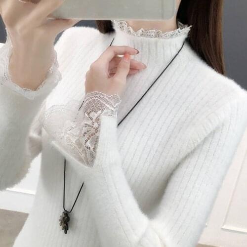 Woman Sweaters Chandails Womens Sweater Winter Half-High Collar Lace Stitching Western Style Inner Wear Skinny Knit