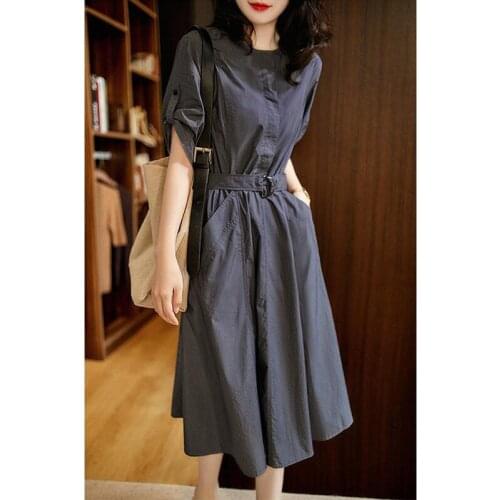 Solid Lace Up Dress Womens 2021 Spring And Summer New Style Thin Fashion Round Neck Short Sleeve A-Line Skirt Vestido Vfemage