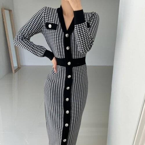 Women Elegant Houndstooth V Neck Knitted Sweater Dress Long Sleeve Femme Robe Single-Breasted Slim Waist Sheath Dresses