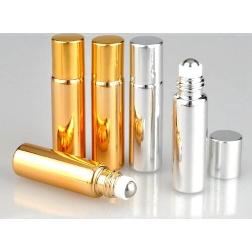 10/20/50/100pcs UV Gold/Silver 5ml 10ml Glass Cosmetic Perfume Essential Oil Roll On Bottles with aluminum cap steel roller ball