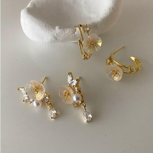 ALLNEWME French Retro White Colour Simulated Pearl Flower Pendant Earrings for Women Sparkly CZ Stone Hoop Earrings Accessories