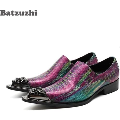 Batzuzhi Italian Luxury Men Shoes Pointed Iron Toe Formal Men Dress Shoes Colorful Python Pattern Leather Party Wedding Shoes
