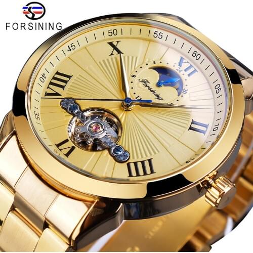 Forsining Golden Men Mechanical Wristwatch 3D Dial Automatic Tourbillon Moonphase Full Steel Big Watches Clock Relogio Masculino