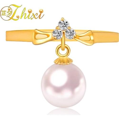ZHIXI fine pearl jewelry AU750 18K Gold ring Natural Akoya sea pearl ring wedding bands lovers' J110