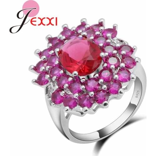 Women Girls Christmas Gift New Year 925 Sterling Silver Jewelry Elegant Fuchsia Flower Rings Wholesale Femme Anillos