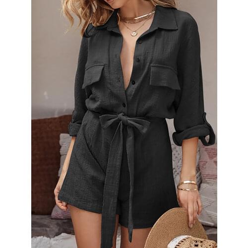 Women Summer Sexy Button V Neck Playsuits 2021 Cotton Linen Loose Solid Party Rompers Femme Long Sleeve Office Overalls Jumpsuit