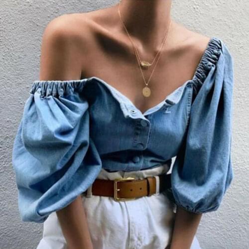 Hot Women Loose Off Shoulder Denim Lantern Sleeve t Shirt Ladies Tops US