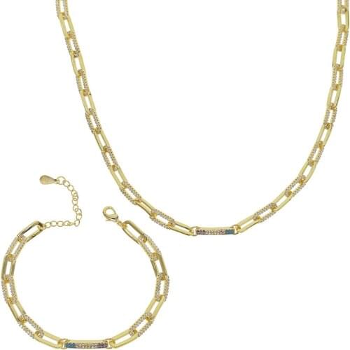 Fashion women gold color link chain rainbow CZ bar Necklace Delicate charm colorful jewelry necklace for wedding jewelry