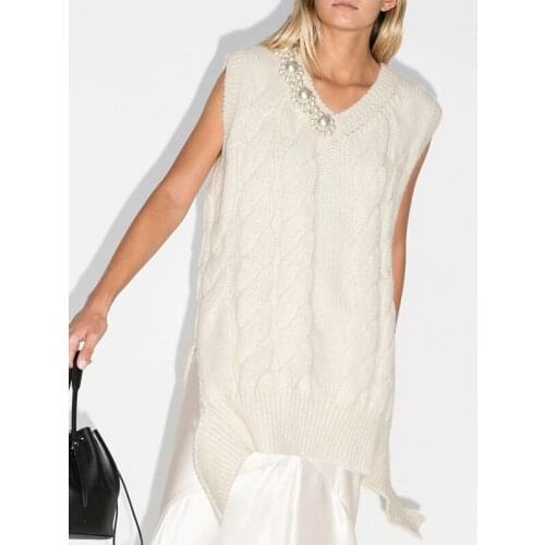 Fashion 10.28 Autumn Winter Twist V-neck Sleeveless Pearl Decoration Wool Knitted Vest Sweater Women