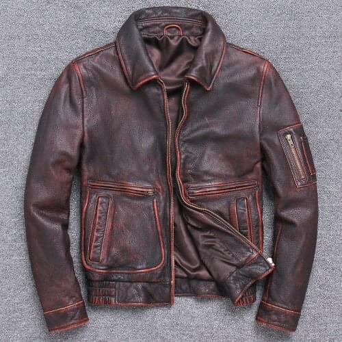 2021 Mens Genuine Leather Jacket Top Layer Cowhide Vintage Old Leather Jacket Flight Suit Large Size Leather Jacket