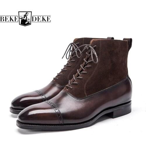 Handmade Men Cow Suede Retro Splice Brogue Shoes Lace Up England Style Oxfords Boots Luxury Pointed Genuine Leather Ankle Boots