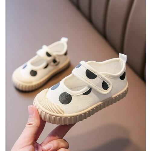 Autumn Kids Canvas Shoes Little Girl Shoes Flat Heels Non-slip Student Casual Shoes Dot Boys Sneakers White Black SYM006